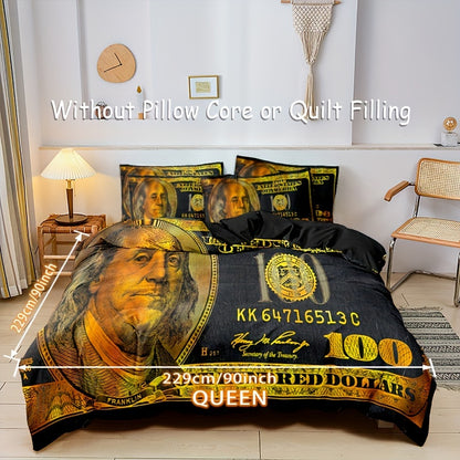 3-Piece Golden 100 Dollar Bill Print Duvet Cover Set - Soft, Comfortable, and Vibrant Bedding for Bedroom and Guest Room - Includes 1 Duvet Cover and 2 Pillowcases without Core