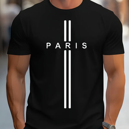 Paris Print, Men's Graphic Design Crew Neck T-shirt, Casual Comfy Tees Tshirts For Summer, Men's Clothing Tops For Daily Vacation Resorts