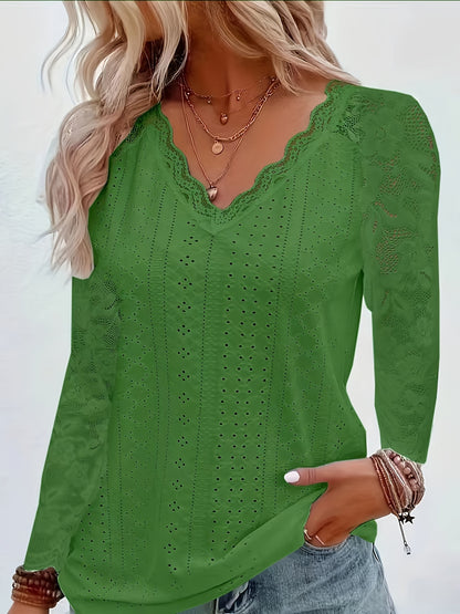 Chic Contrast Lace V-neck Eyelet T-Shirt - Fashionable Long Sleeves for Spring & Fall - A Stylish Womens Wardrobe Essential