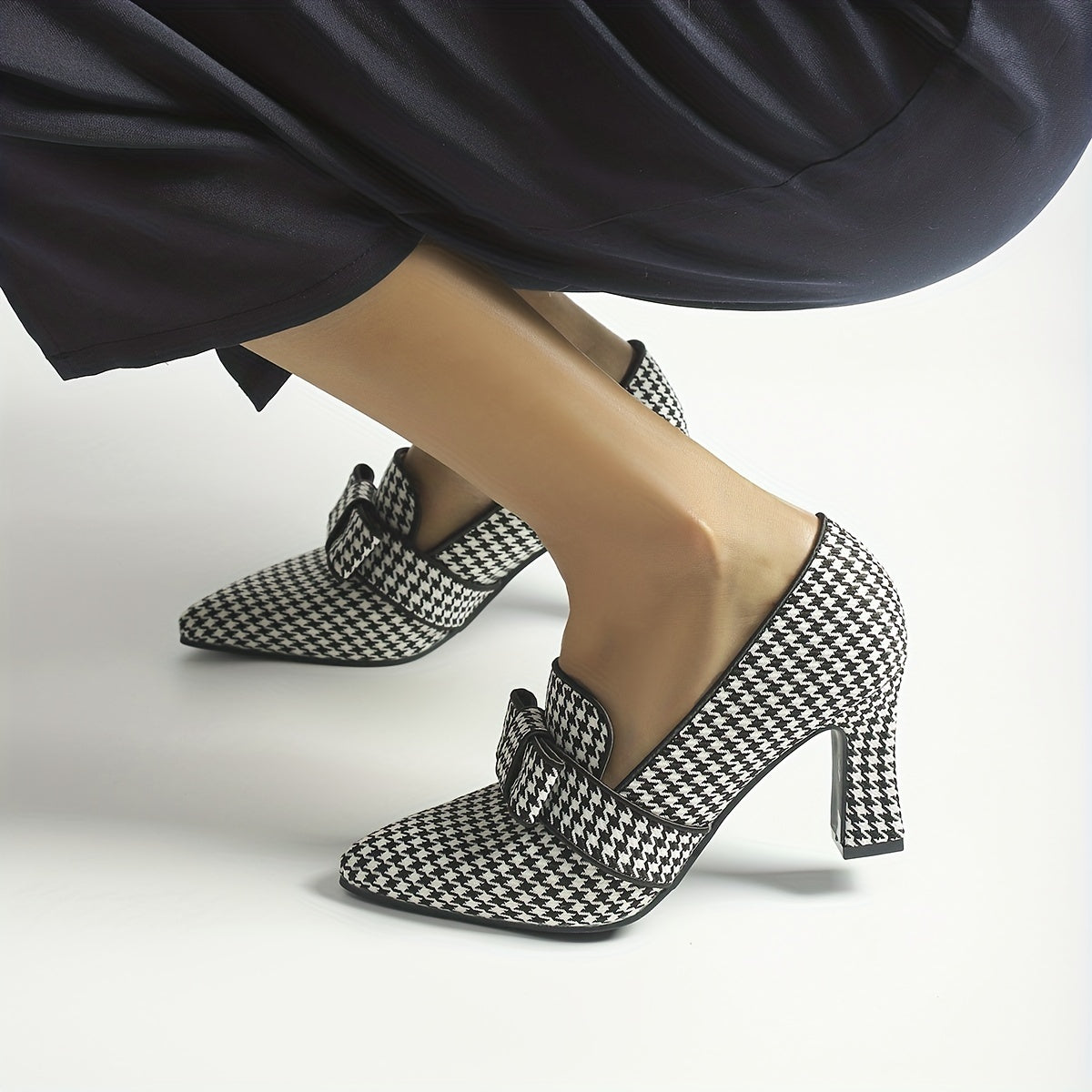 Women's High Heel Single Shoes with Deep Mouth Houndstooth Pattern
