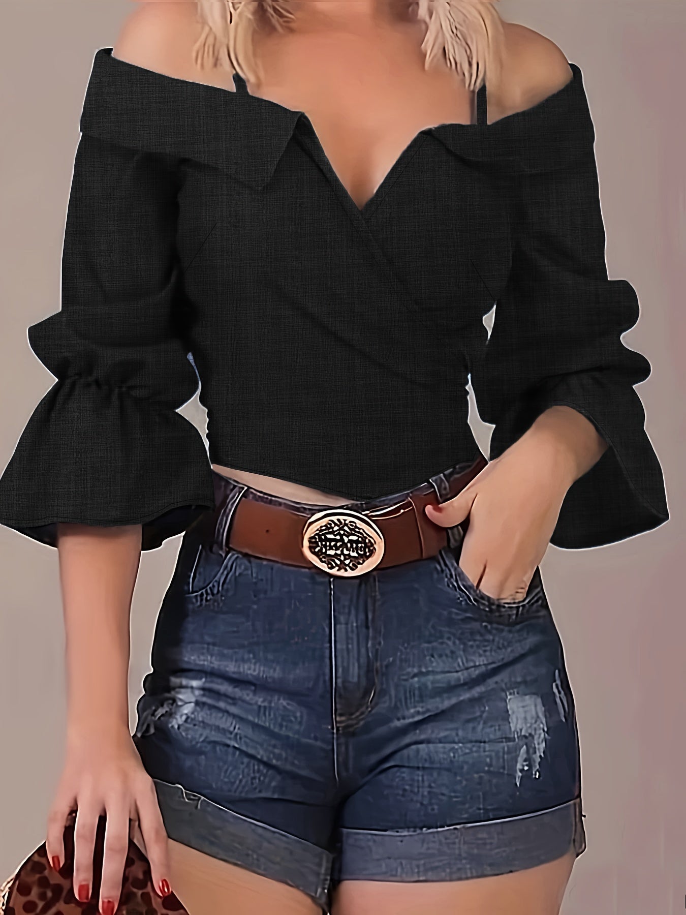 Solid Spaghetti Strap Blouse, Casual Bell Sleeve Surplice Neck Blouse, Women's Clothing