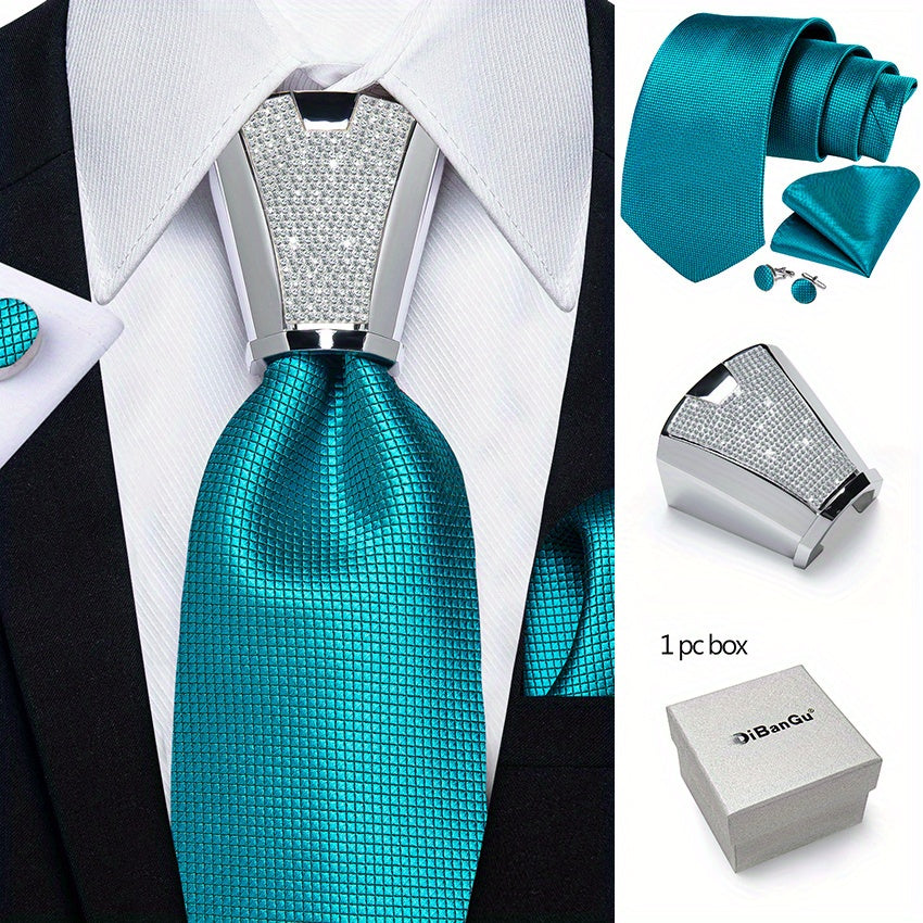 [For Business Silvery Necktie Set] Men's Necktie Silvery Ring & Handkerchief & Cufflinks Set For Business Accessories With Gift Box