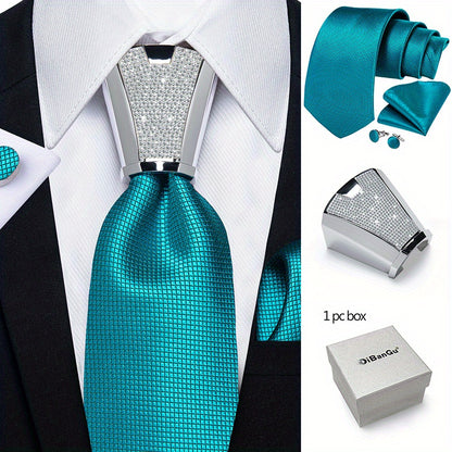 [For Business Silvery Necktie Set] Men's Necktie Silvery Ring & Handkerchief & Cufflinks Set For Business Accessories With Gift Box