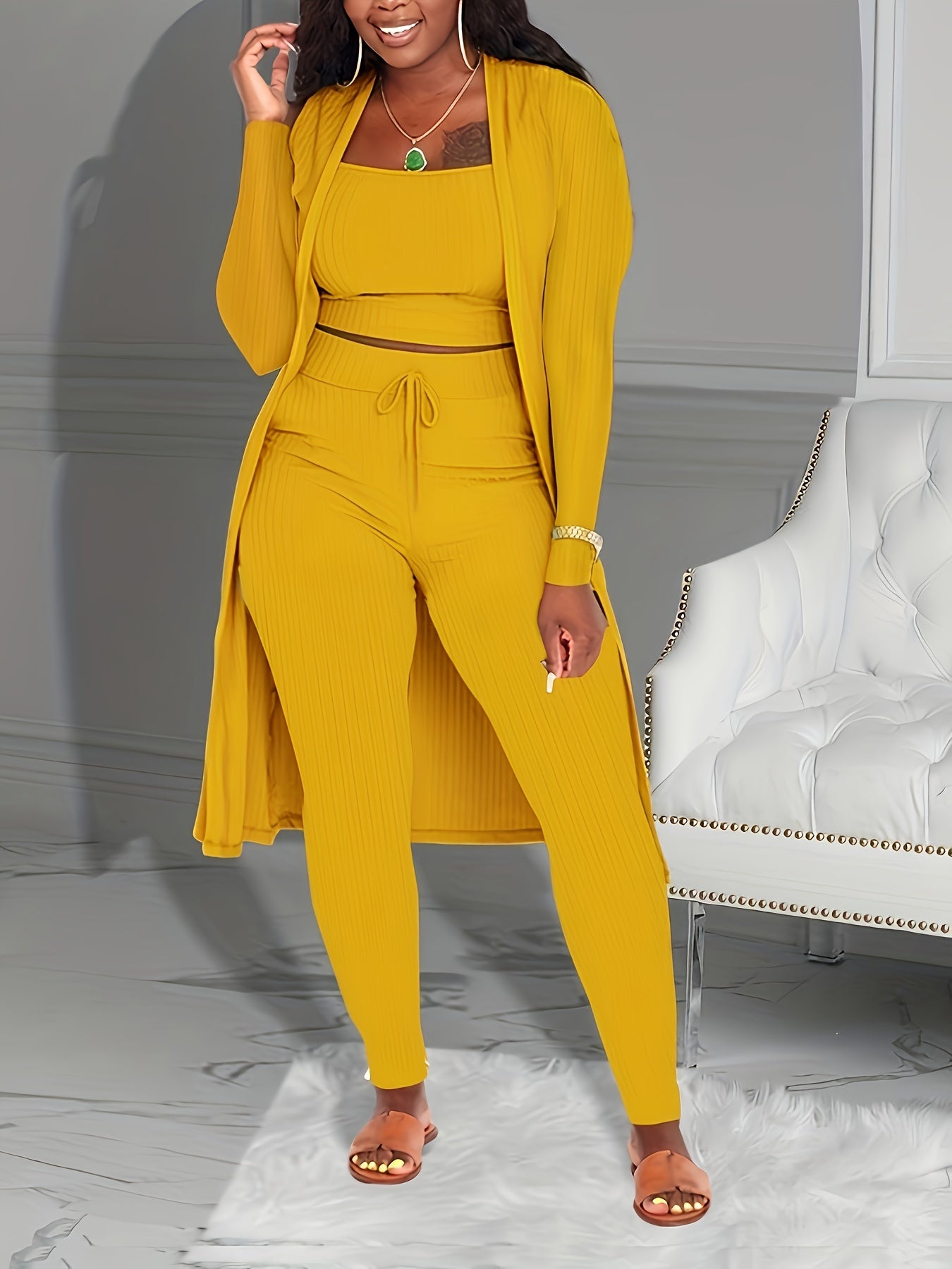 Casual Ribbed 3pcs Set, Crop Tank Top + High Waist Drawstring Pants + Longline Cardigan Outfits, Women's Clothing