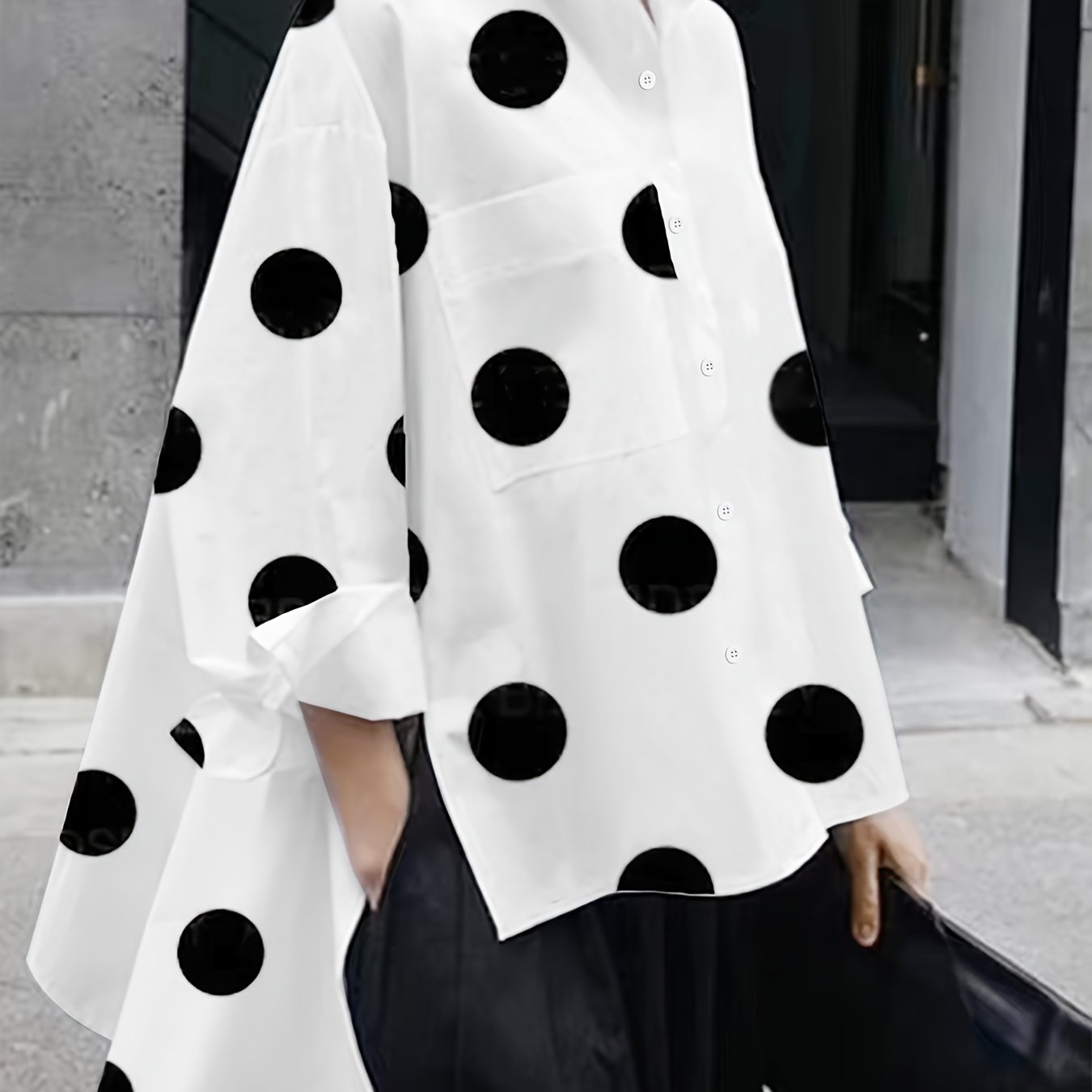 Chic Polka Dot Print Dip Hem Shirt - Versatile Button-Down Design with Practical Pockets - A Feminine Must-Have for Womens Wardrobe