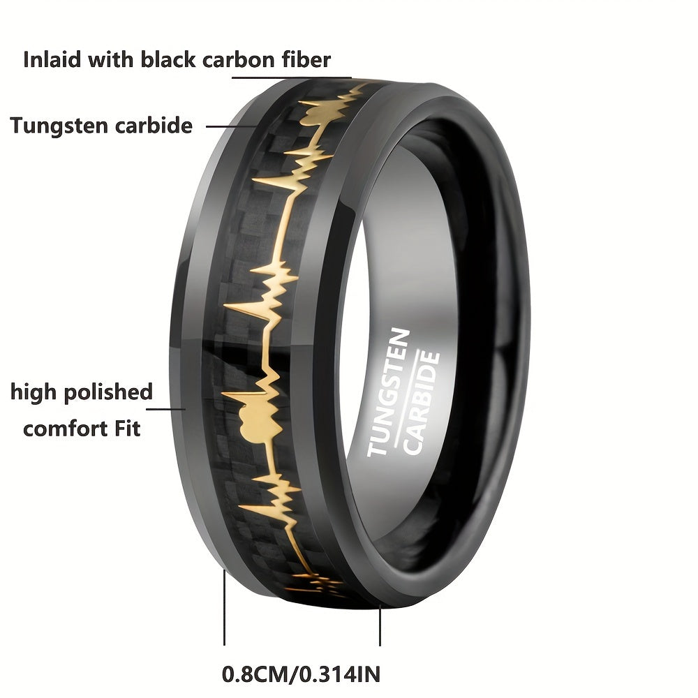 New Tungsten Steel Ring, Black Ring With Pattern Of Golden ECG, Couple Ring, High-Quality Black Tungsten Ring For Men, Fashion Engagement Wedding Band