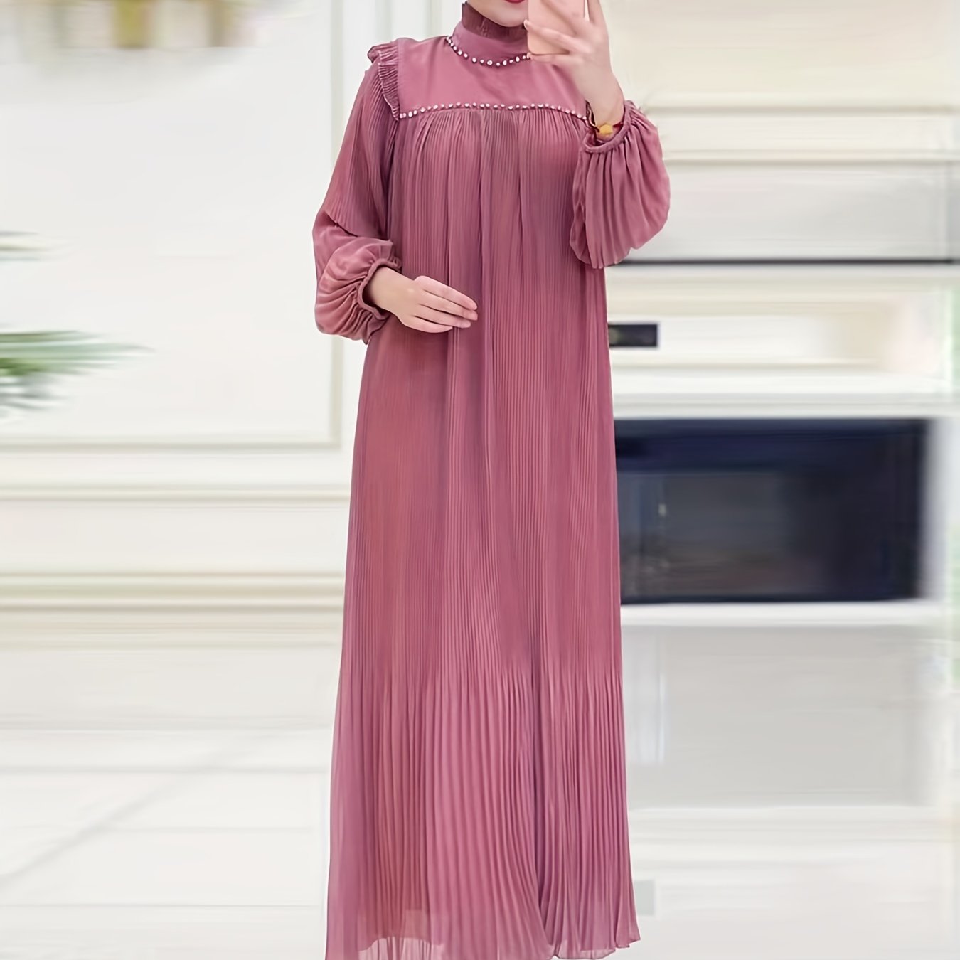 Elegant Pleated Maxi Dress for Women - Solid Color, Belted Waist, Long Sleeve, Machine Washable - Perfect for Ramadan & Casual Attire