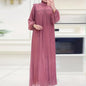 Elegant Pleated Maxi Dress for Women - Solid Color, Belted Waist, Long Sleeve, Machine Washable - Perfect for Ramadan & Casual Attire