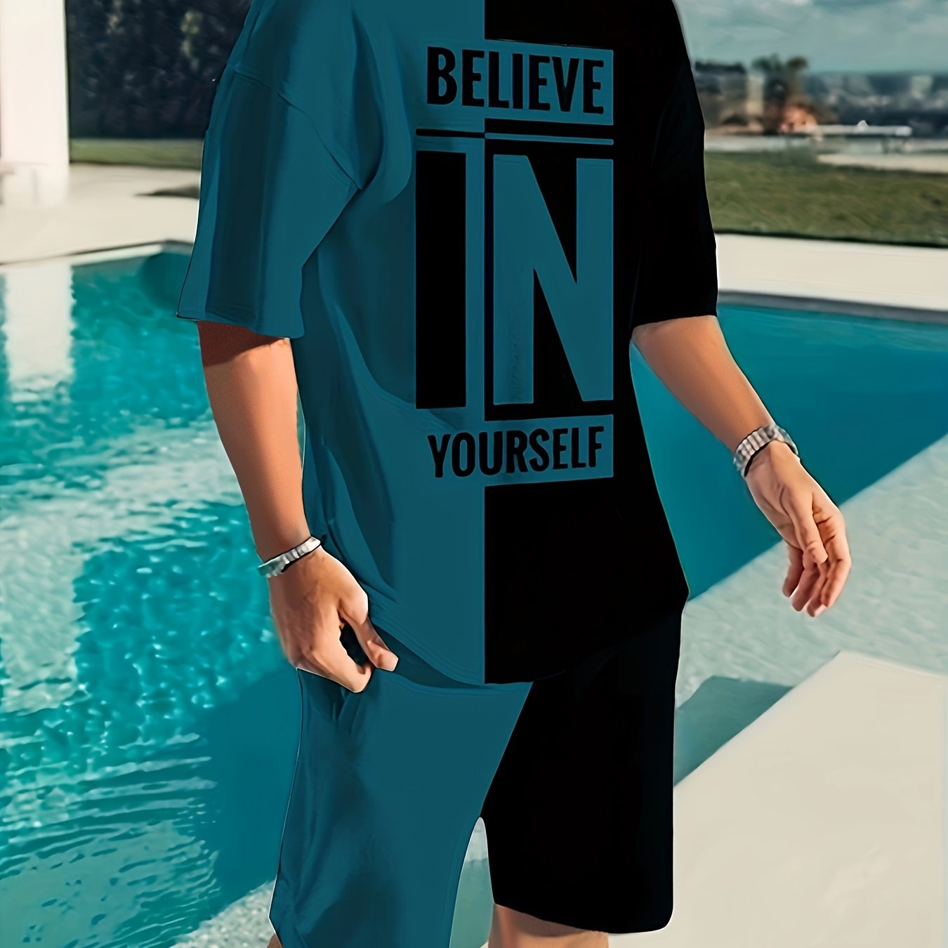 Believe In Yourself Print, Men's 2Pcs Outfits, Casual Crew Neck Short Sleeve T-shirt And Drawstring Shorts Set For Summer, Men's Clothing