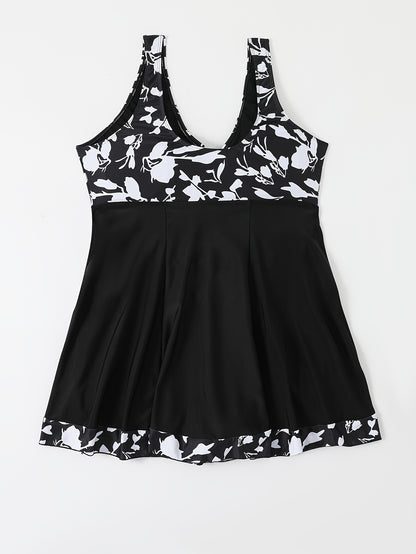 Plus Size Womens Vibrant Floral Print Tie Front V Neck One Piece Swimsuit - High Stretch, Comfortable, Vacation Essential - Polyester Knit Fabric, Random Printing, No Sheer