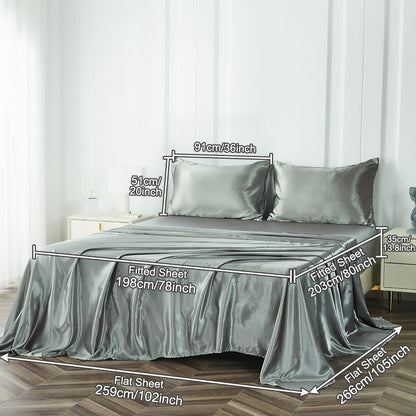 4-Piece Luxurious Satin Bedding Set - Silky Smooth, Breathable Comfort for All Seasons - Ideal for Home and Hotel - Includes Flat Sheet, Elasticized Fitted Sheet, and 2 Pillowcases