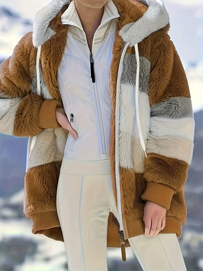 Ultra-Soft Color Block Fuzzy Hooded Coat - Stylish Winter Warm Outerwear with Full-Length Sleeves - Perfect for Casual Wear - Womens Clothing