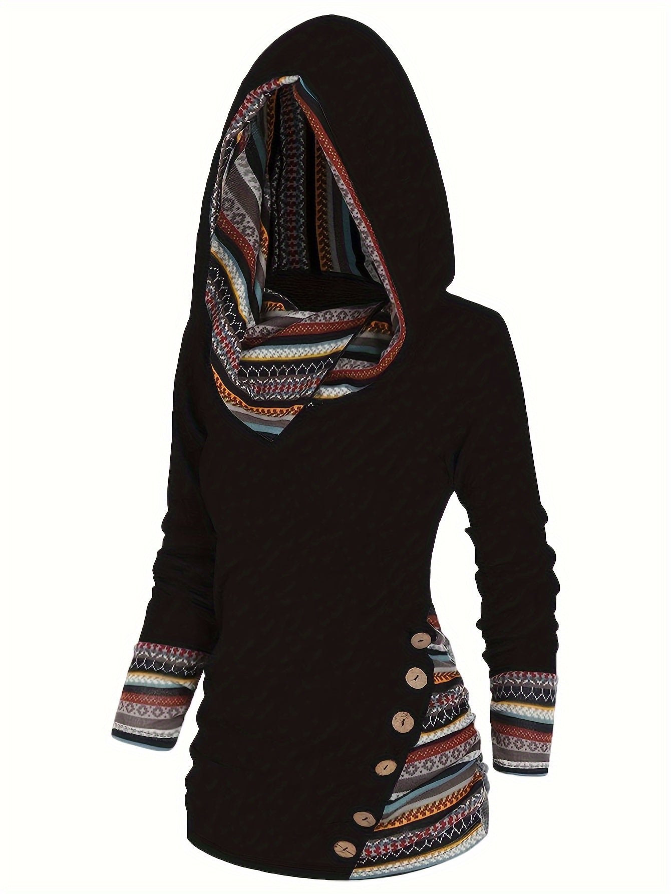 Trendy Womens Stripe Hoodie with Button Accent - Casual Long Sleeve Splicing Design - Comfortable & Stylish Fashion Clothing