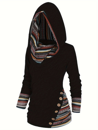 Trendy Womens Stripe Hoodie with Button Accent - Casual Long Sleeve Splicing Design - Comfortable & Stylish Fashion Clothing