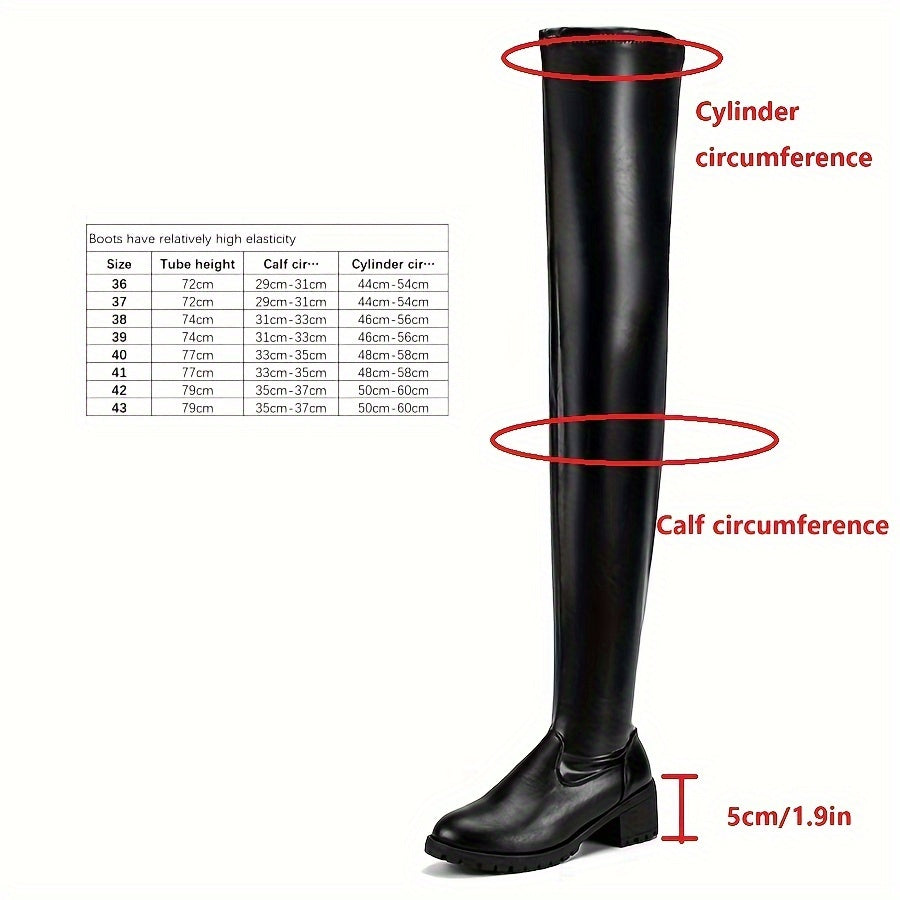 [Thigh High Chunky Heel Boots] Women's Chunky Heel Thigh High Boots, Solid Color Zipper Round Toe Shoes, PU Leather Footwear