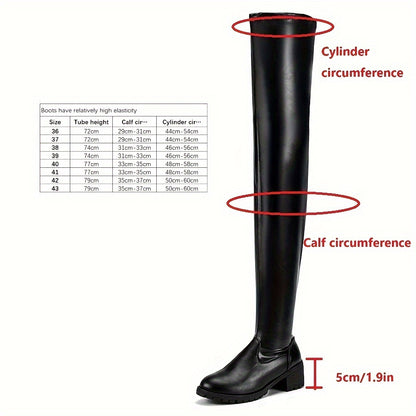 [Thigh High Chunky Heel Boots] Women's Chunky Heel Thigh High Boots, Solid Color Zipper Round Toe Shoes, PU Leather Footwear