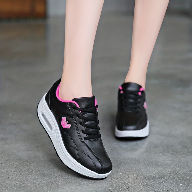 Women's Faux Leather Air Cushion Sneakers, Comfortable Thick Bottom Sport Shoes