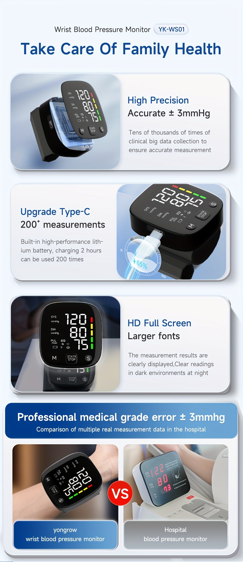 AccurateCare Wrist Blood Pressure Monitor - Rechargeable Sphygmomanometer with English Voice Broadcast, Storage Box, and Built-in Lithium Battery for Easy Monitoring at Home or On-The-Go