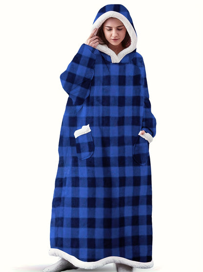Cozy Plus-Size Hooded Fleece Robe - Winter Casual Comfort with Pockets & Stretch Fabric, Machine Washable