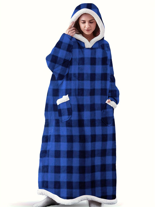 Cozy Plus-Size Hooded Fleece Robe - Winter Casual Comfort with Pockets & Stretch Fabric, Machine Washable