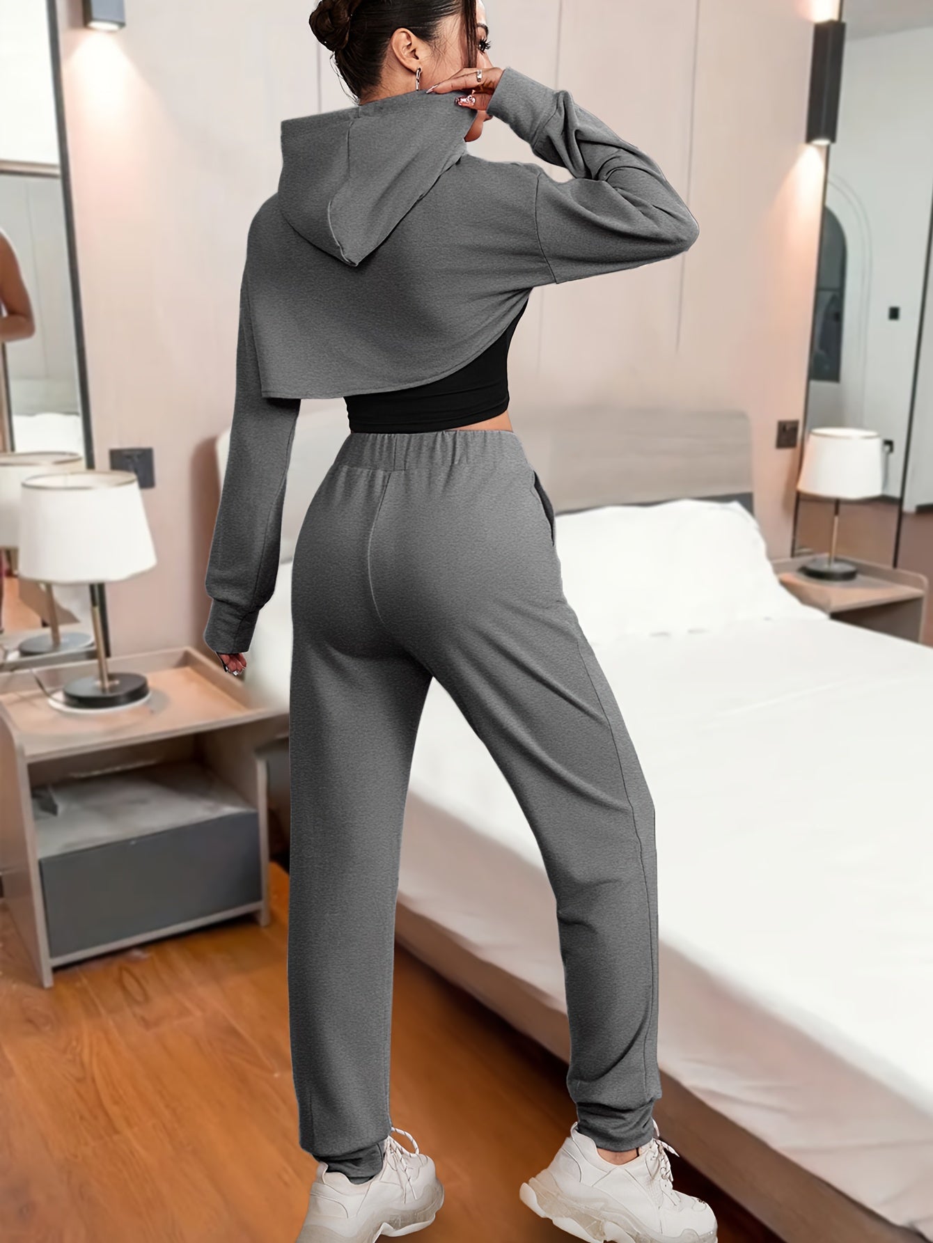 Three-Piece Bodycon Pantsuit Set - Women's Casual Drawstring Hooded Crop Top, Smile Letter Print Tank Top, and Long Length Pants Outfit with Relaxed Fit and Soft Fabric