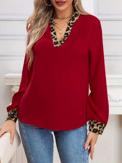 Elegant Non-Sheer V-Neck Blouse with Contrast Trim – Chic Long Sleeve Polyester Top, All-Season Style, Machine Washable