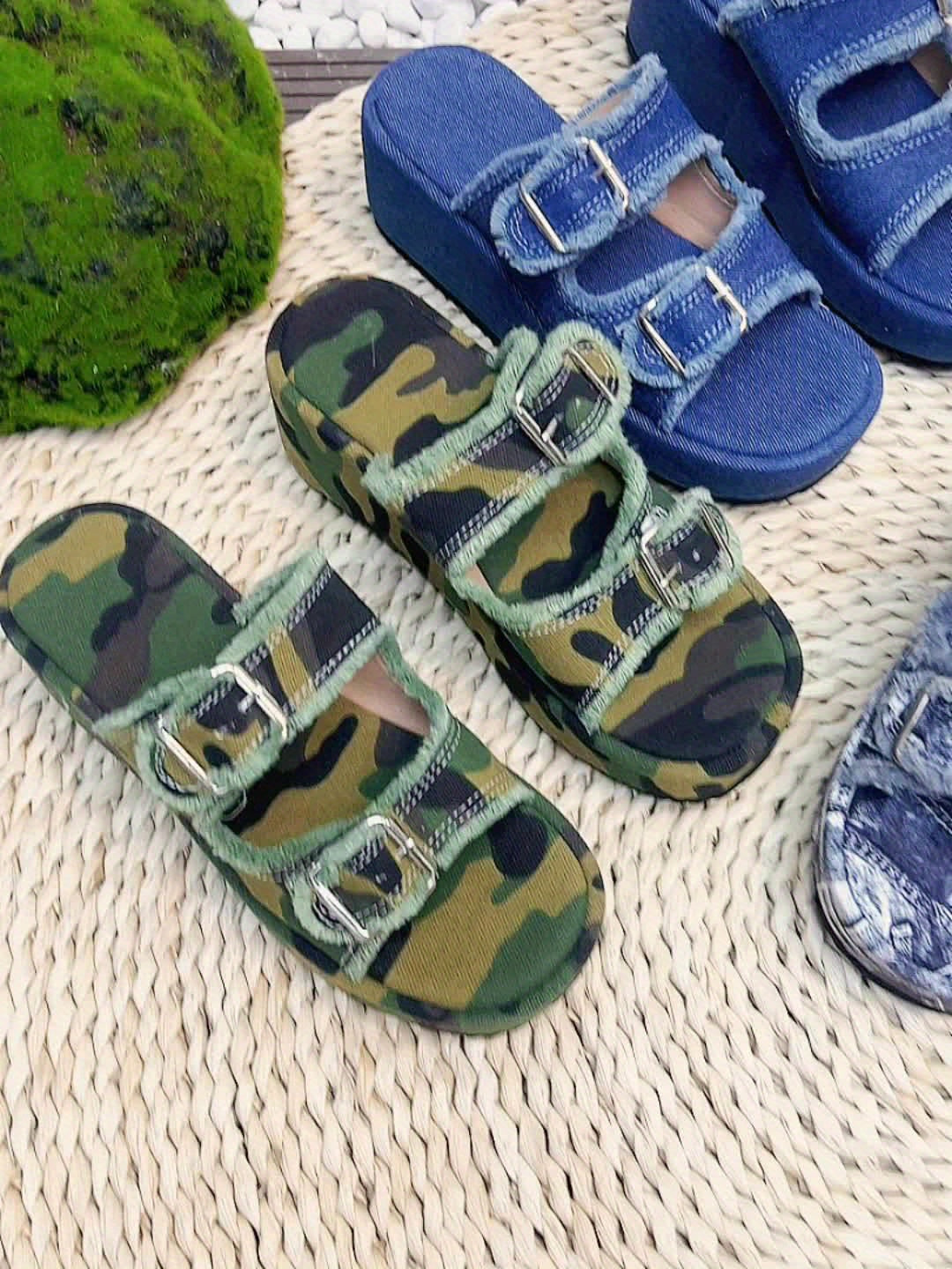 Stylish Womens Denim Platform Sandals - Square Open Toe, Buckle Strap, Slip-on, EVA Sole, Comfortable Strappy Back Slide Shoes for Summer Outdoor Activities