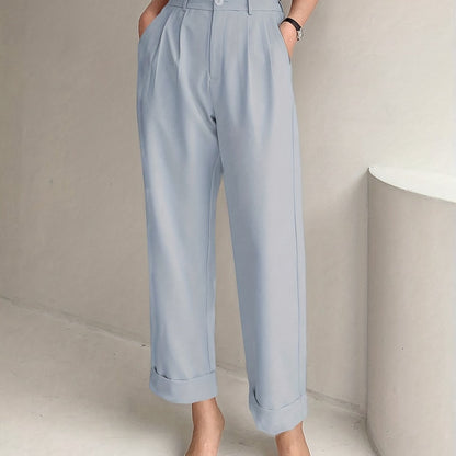 Chic Solid High Waist Pleated Pants - Flattering Draped Design, Straight Leg, Casual Style - Perfect for Womens Wardrobe