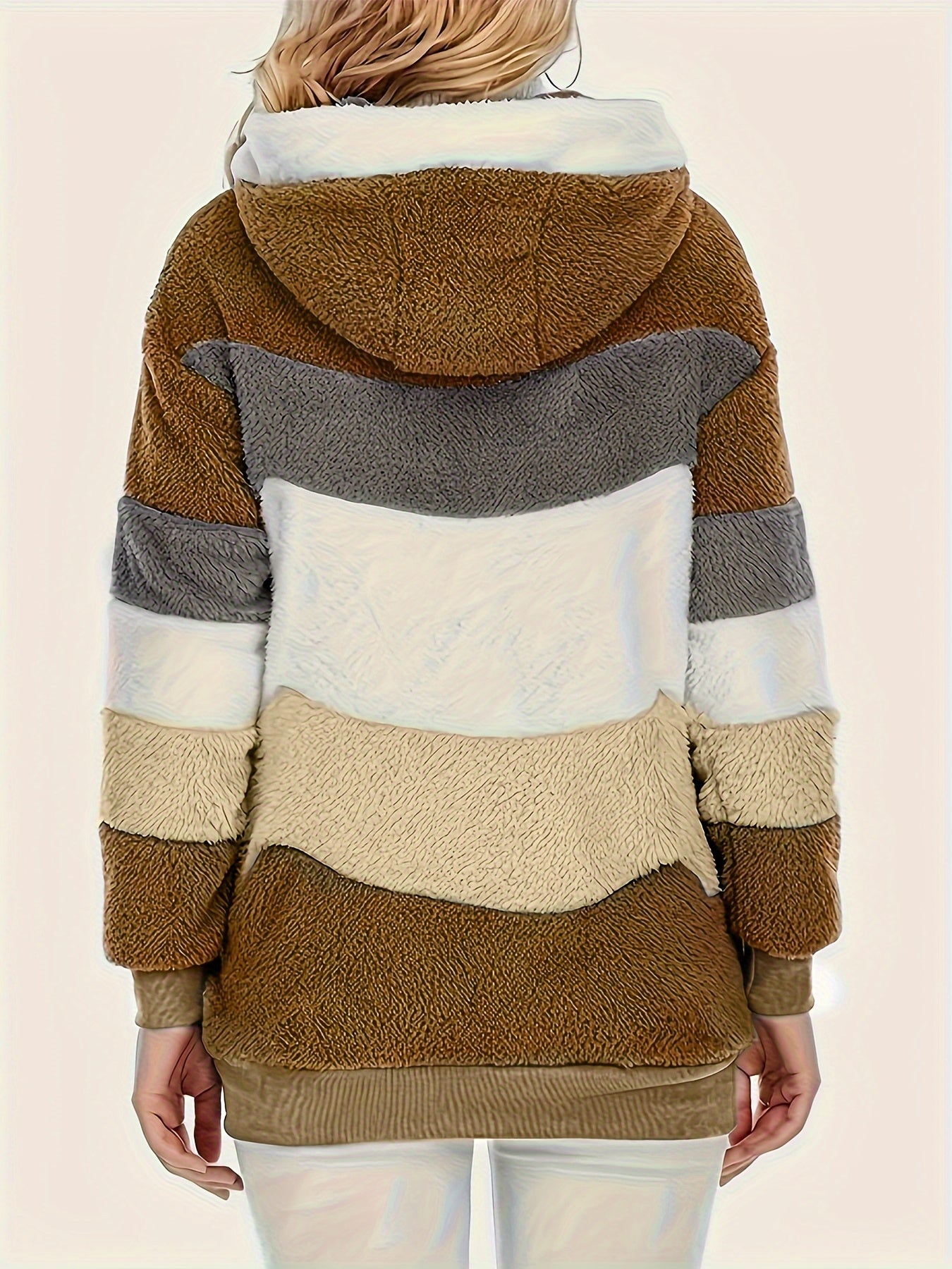 Ultra-Soft Color Block Fuzzy Hooded Coat - Stylish Winter Warm Outerwear with Full-Length Sleeves - Perfect for Casual Wear - Womens Clothing