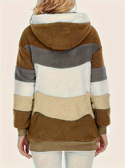 Ultra-Soft Color Block Fuzzy Hooded Coat - Stylish Winter Warm Outerwear with Full-Length Sleeves - Perfect for Casual Wear - Womens Clothing