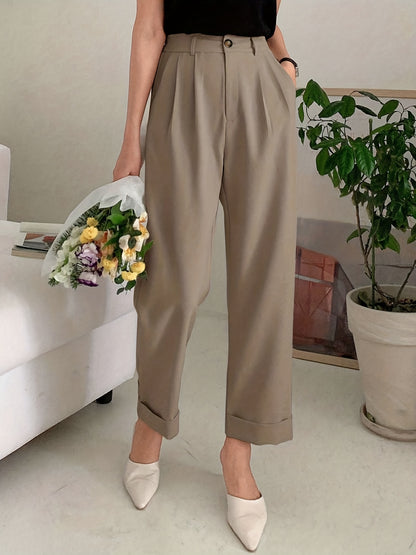 Chic Solid High Waist Pleated Pants - Flattering Draped Design, Straight Leg, Casual Style - Perfect for Womens Wardrobe