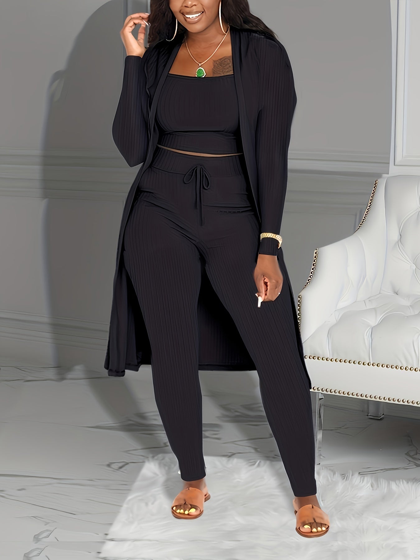 Casual Ribbed 3pcs Set, Crop Tank Top + High Waist Drawstring Pants + Longline Cardigan Outfits, Women's Clothing