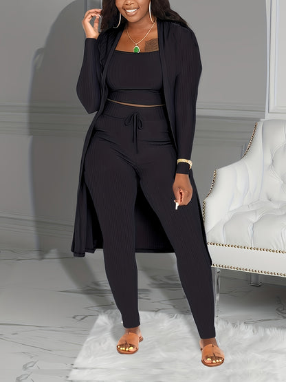 Casual Ribbed 3pcs Set, Crop Tank Top + High Waist Drawstring Pants + Longline Cardigan Outfits, Women's Clothing