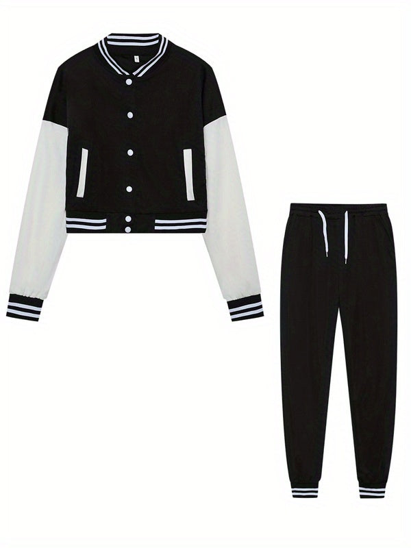 Casual Two-piece Set, Button Front Bomber Jacket & Drawstring Pants Outfits, Women's Clothing