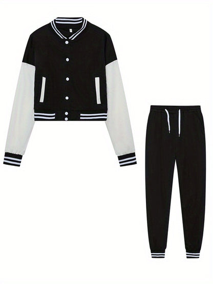 Casual Two-piece Set, Button Front Bomber Jacket & Drawstring Pants Outfits, Women's Clothing