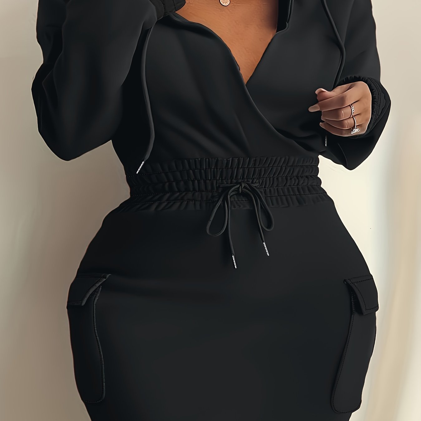 Plus Size Elegant Tunic Dress - Hooded, Shirred, Nipped Waist, Long Sleeve, Bodycon, Midi Length, Solid Color, Polyester, Machine Washable, Pocket Detail