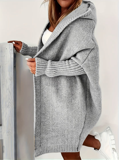 Plus Size Casual Cardigan, Women's Plus Solid Stitching Long Sleeve Hooded Open Front Slight Stretch Sweater Cardigan