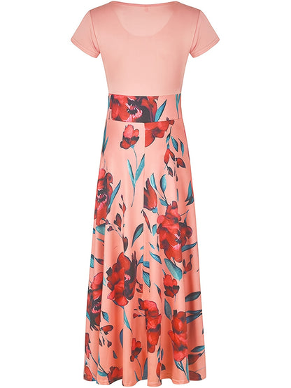 Floral Printed Crew Neck Pendulum Maxi Dress - Elegant Short Sleeve Slim Waist Pleated Design, Micro Elastic Polyester Knit Fabric, Random Printing for Womens All-Season Elegant Dressing
