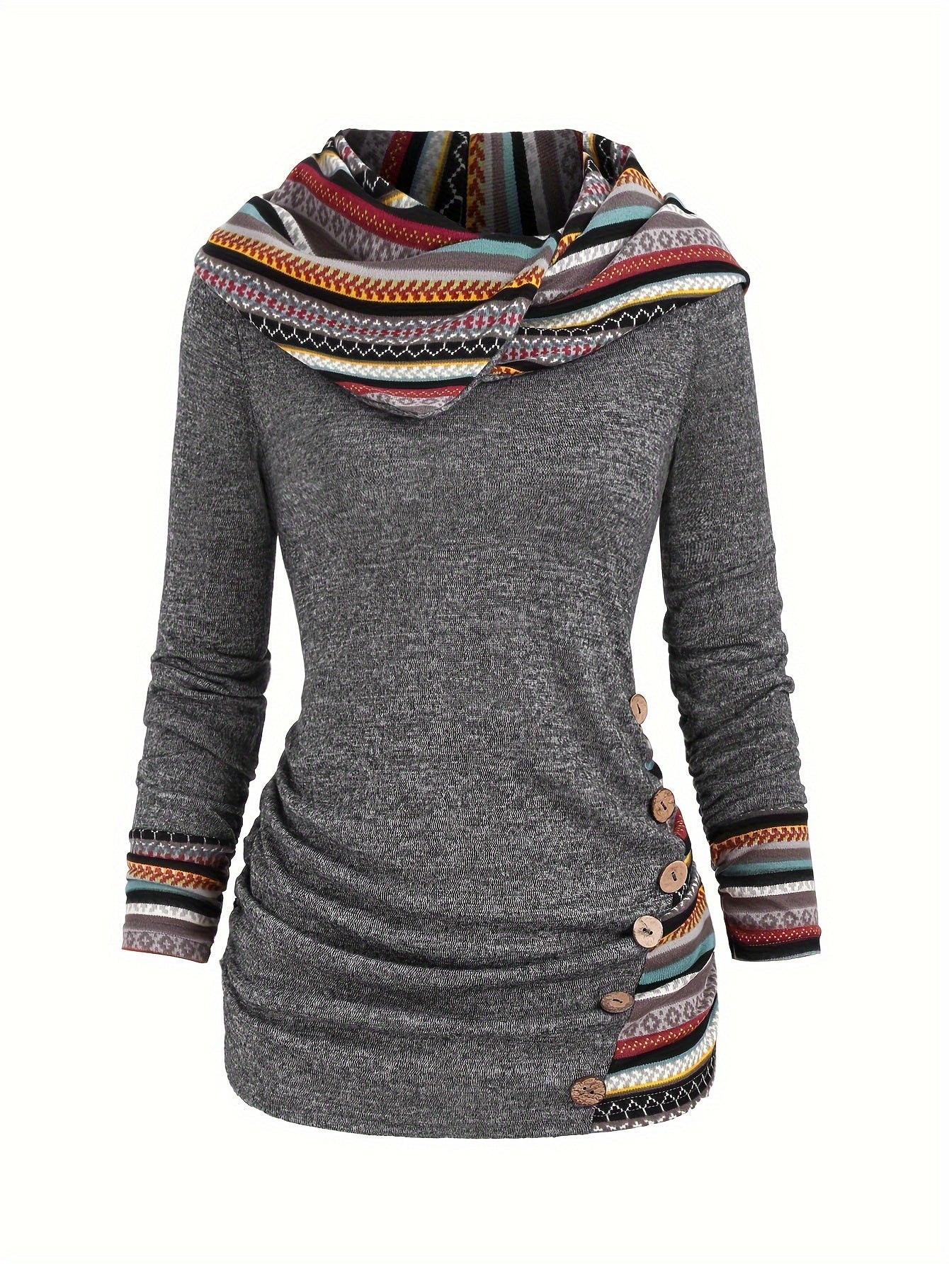 Trendy Womens Stripe Hoodie with Button Accent - Casual Long Sleeve Splicing Design - Comfortable & Stylish Fashion Clothing