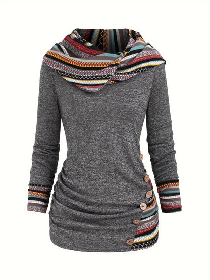 Trendy Womens Stripe Hoodie with Button Accent - Casual Long Sleeve Splicing Design - Comfortable & Stylish Fashion Clothing