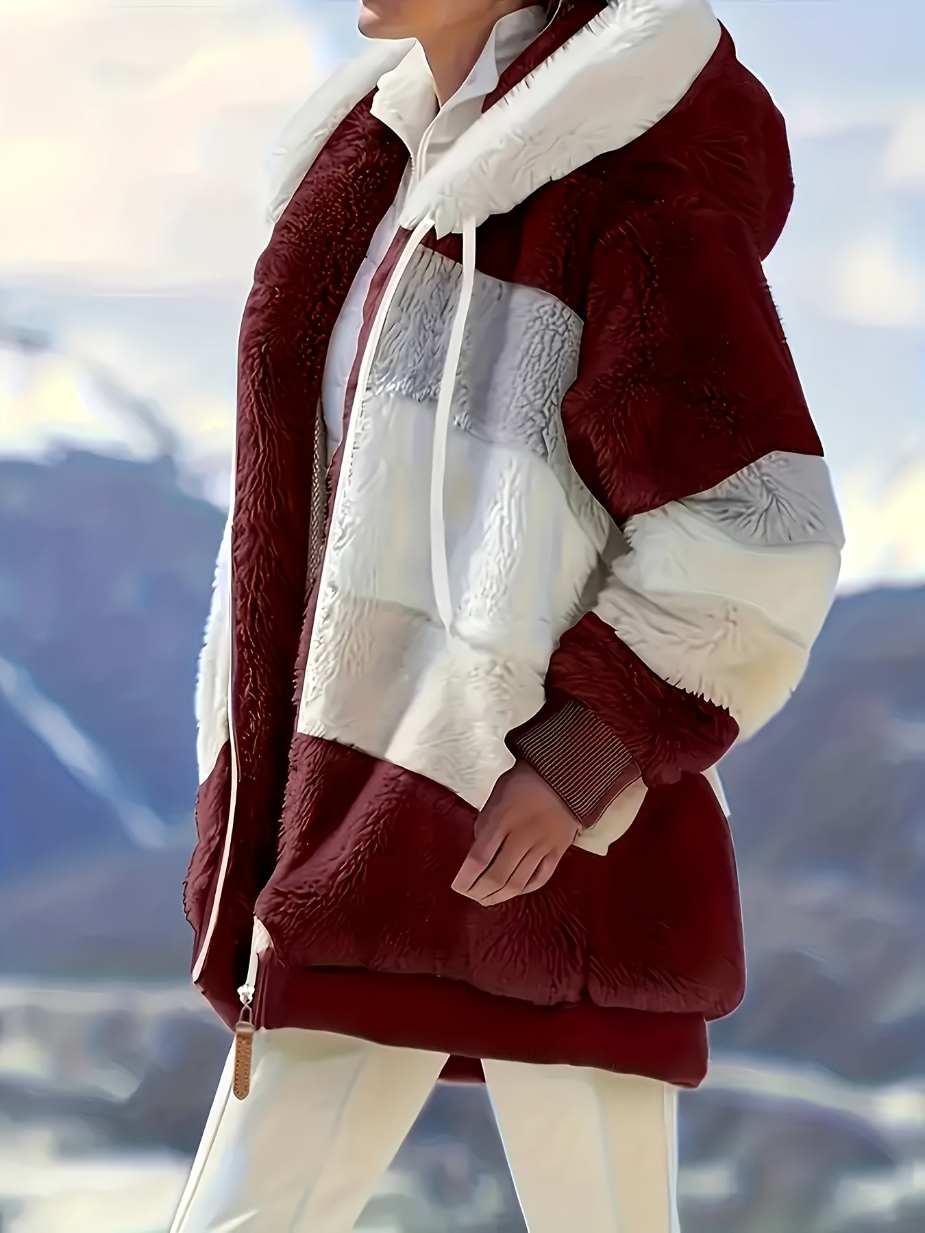 Ultra-Soft Color Block Fuzzy Hooded Coat - Stylish Winter Warm Outerwear with Full-Length Sleeves - Perfect for Casual Wear - Womens Clothing