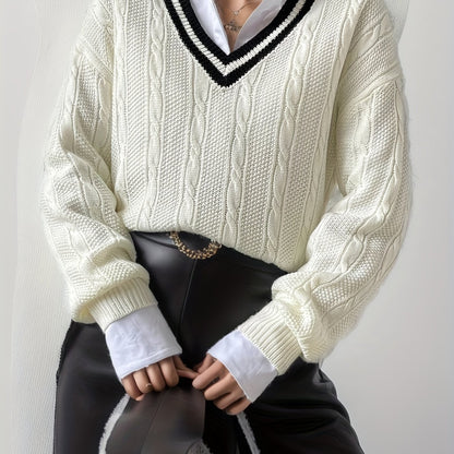 V Neck Cable Knit Pullover Sweater, Casual Long Sleeve Drop Shoulder Sweater, Women's Clothing