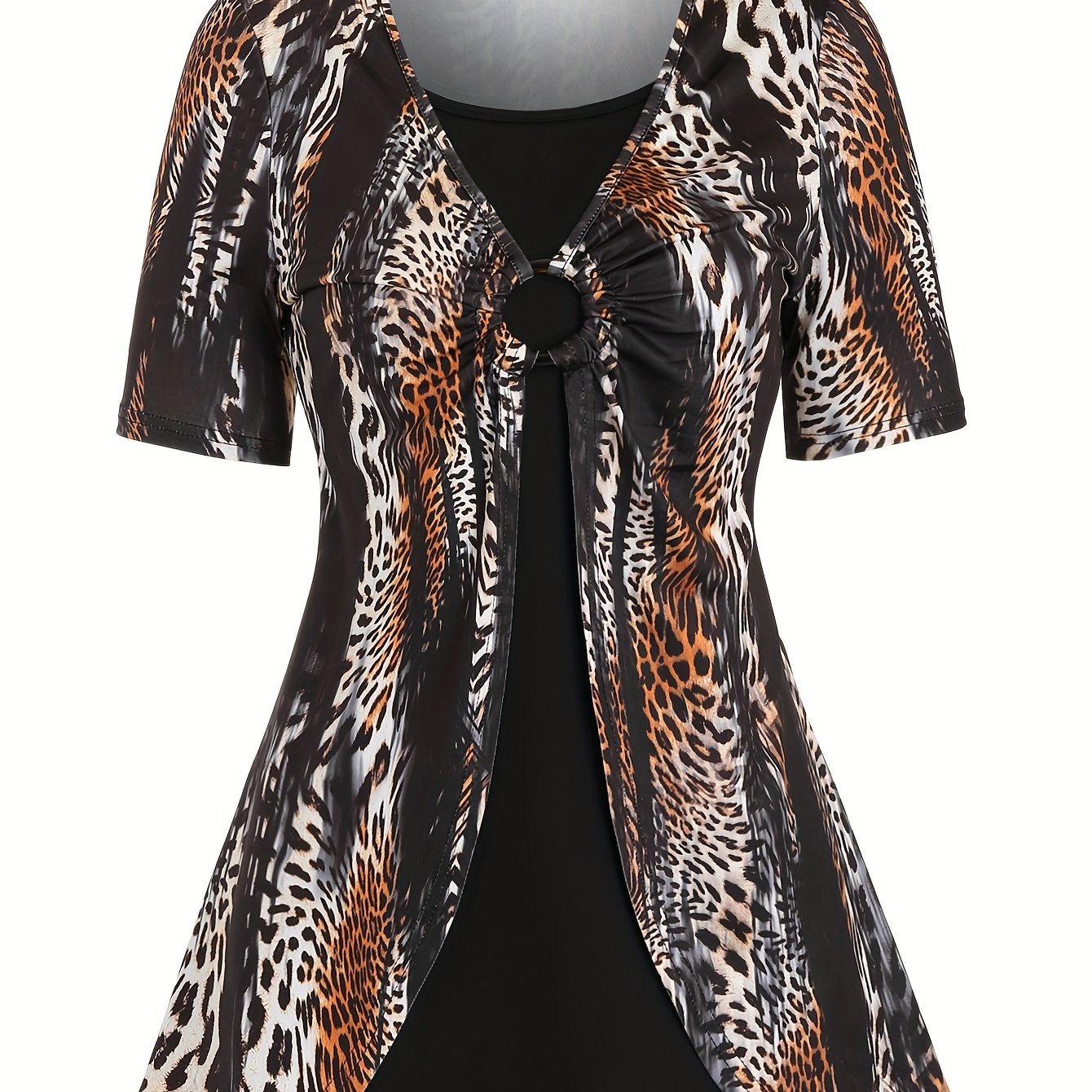 Boho Chic 2-in-1 Leopard Print Top - Casual Crew Neck, Durable Knit, Mid-Elasticity Tee for Spring/Summer/Fall