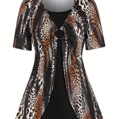 Boho Chic 2-in-1 Leopard Print Top - Casual Crew Neck, Durable Knit, Mid-Elasticity Tee for Spring/Summer/Fall