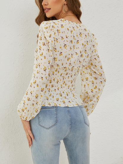 Ditsy Floral Print Shirred Blouse, Elegant Long Sleeve V Neck Blouse, Women's Clothing