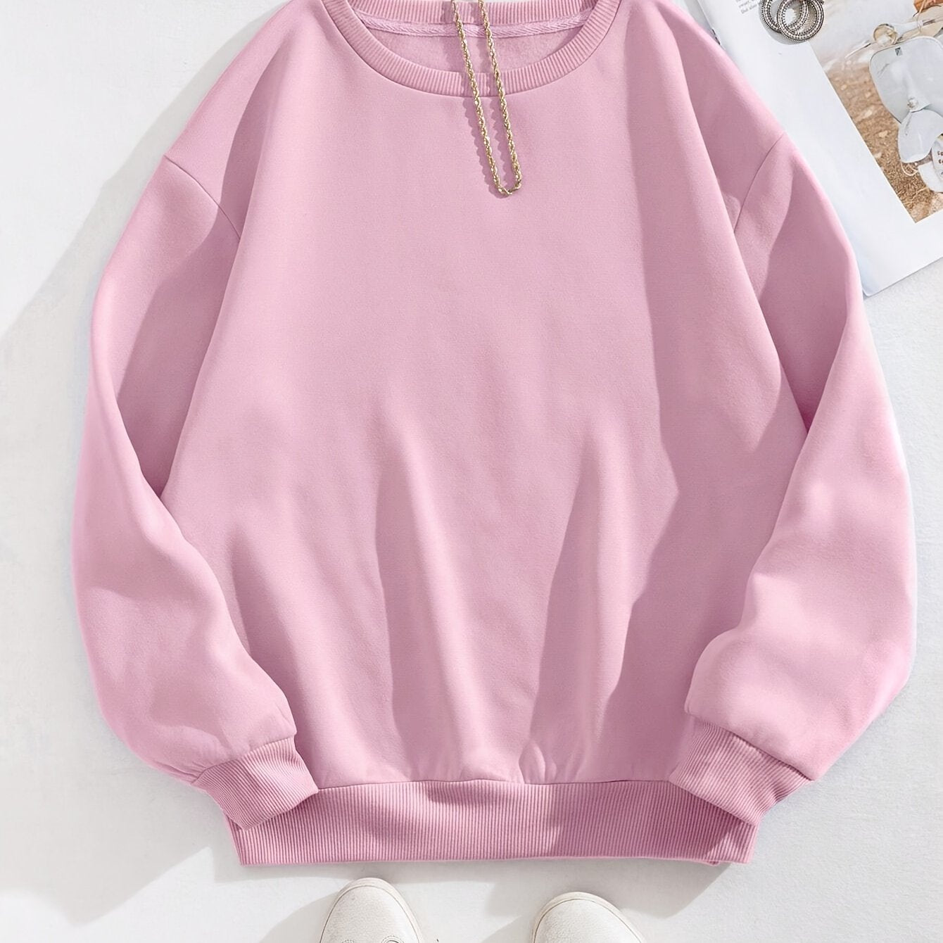 Fashion Casual Sports Round Neck Sweatshirt, Solid Color Active Pullover Tops, Women's Tops