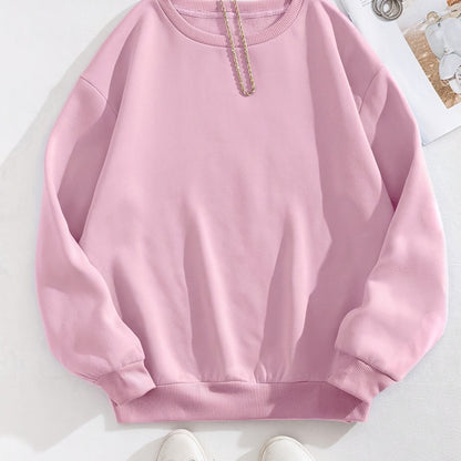 Fashion Casual Sports Round Neck Sweatshirt, Solid Color Active Pullover Tops, Women's Tops