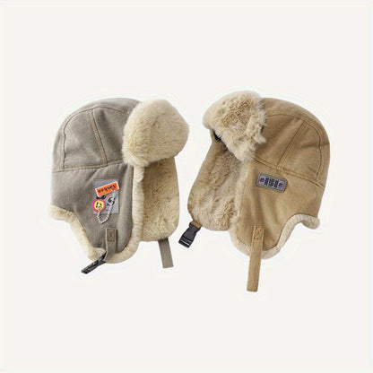 [Thickened Plush Earmuffs] 1pc Thickened Plush Earmuffs - Windproof Flying Cap With Chain And Cloth Label For Men Women