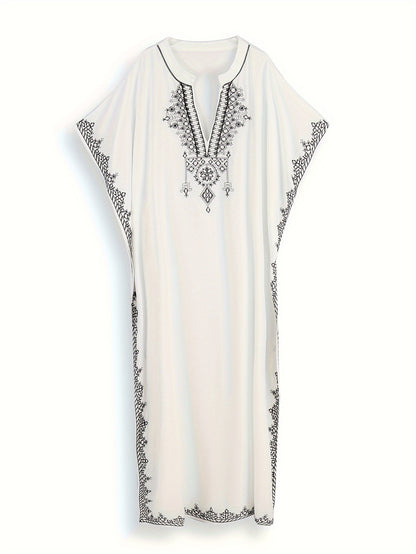Bohemian Golden Embroidered Plus Size Maxi Dress with Bat Sleeves for Ramadan