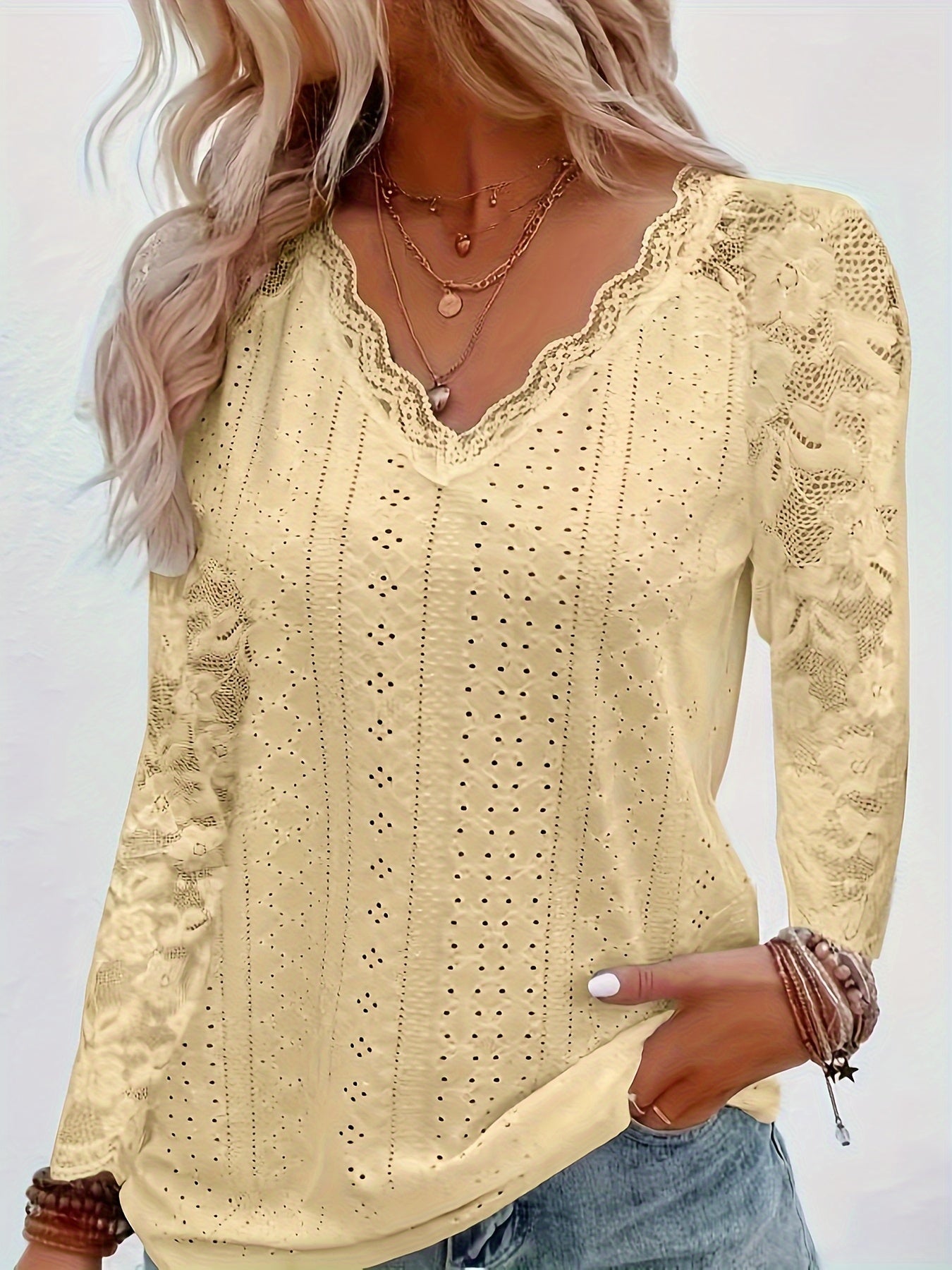 Chic Contrast Lace V-neck Eyelet T-Shirt - Fashionable Long Sleeves for Spring & Fall - A Stylish Womens Wardrobe Essential